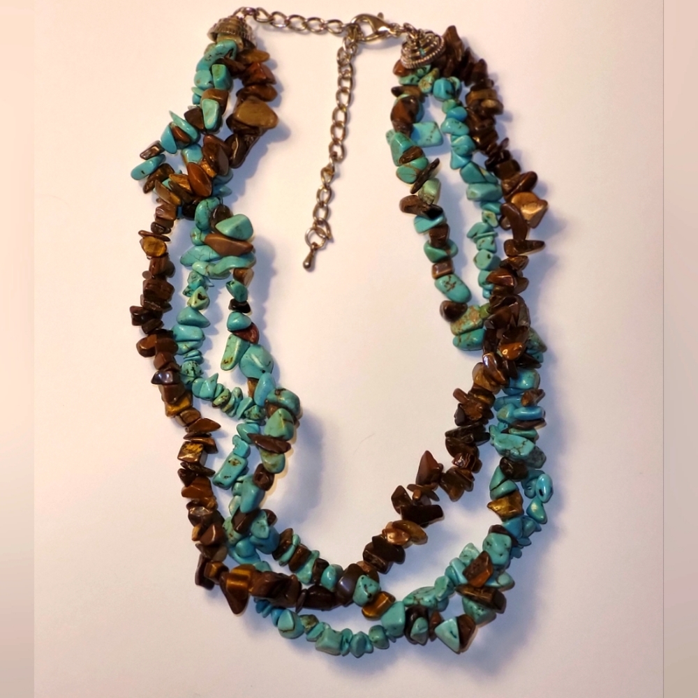 Vintage Genuine Turquoise And Tiger Eye Necklace 14"